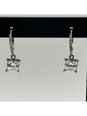 Princess Cut Leverback Earrings Silver-Tone Square Acrylic Pave Drop Dangle